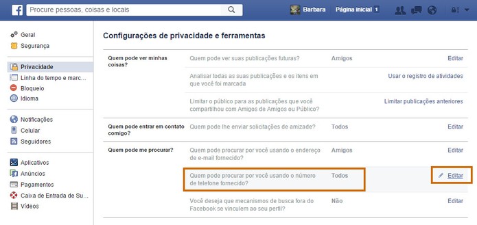 Agora edite a privacidade sobre quem pode encontrar seu perfil com o telefone no Facebook (Foto: Reprodução/Barbara Mannara)