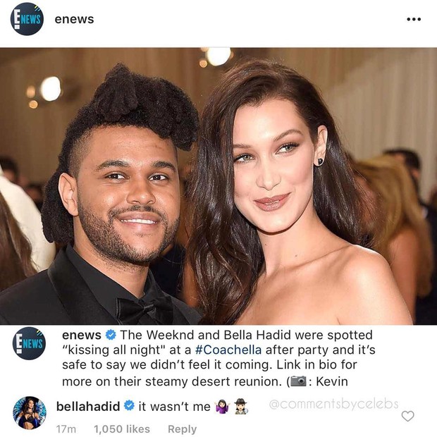 Bella Hadid comenta rumores de que teria beijado The Weeknd no Coachella (Foto: Reprodução/Instagram)