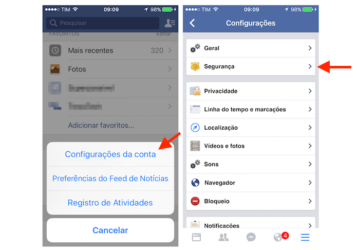 Acessando as configurações de segurança do Facebook pelo iPhone (Foto: Reprodução/Marvin Costa)