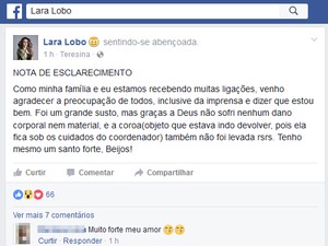 Lara Lobo relatou assalto nas redes sociais (Foto: Reprodução/Facebook)