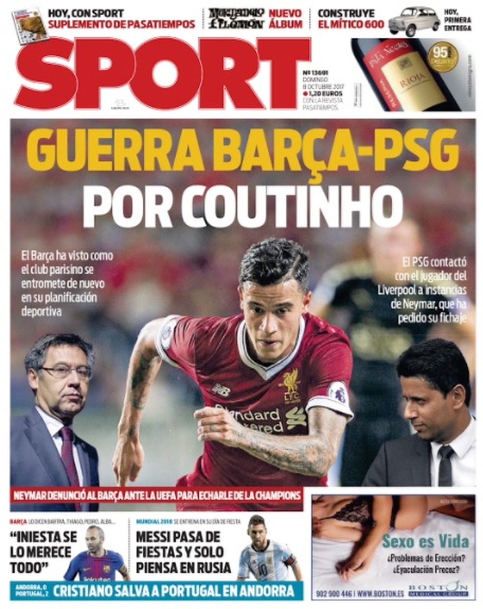 Capa do jornal Sport com a disputa entre Barcelona e Paris Saint-Germain por Philippe Coutinho  (Foto: Reprodução)