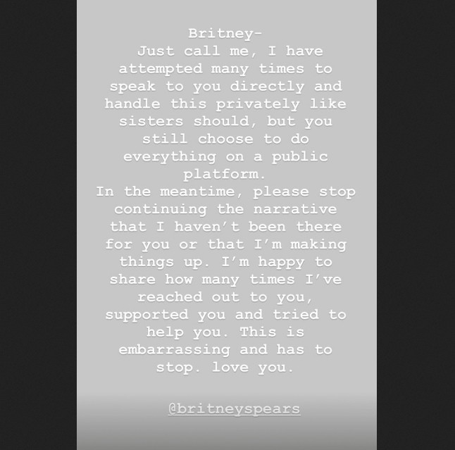 O post de Jamie Lynn Spears pedindo que Britney Spears pare com os ataques nas redes sociais (Foto: Instagram)