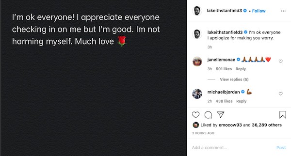 O post do ator LaKeith Stanfield agradecendo seus fãs e seguidores pela preocupação com a sua saúde (Foto: Instagram)