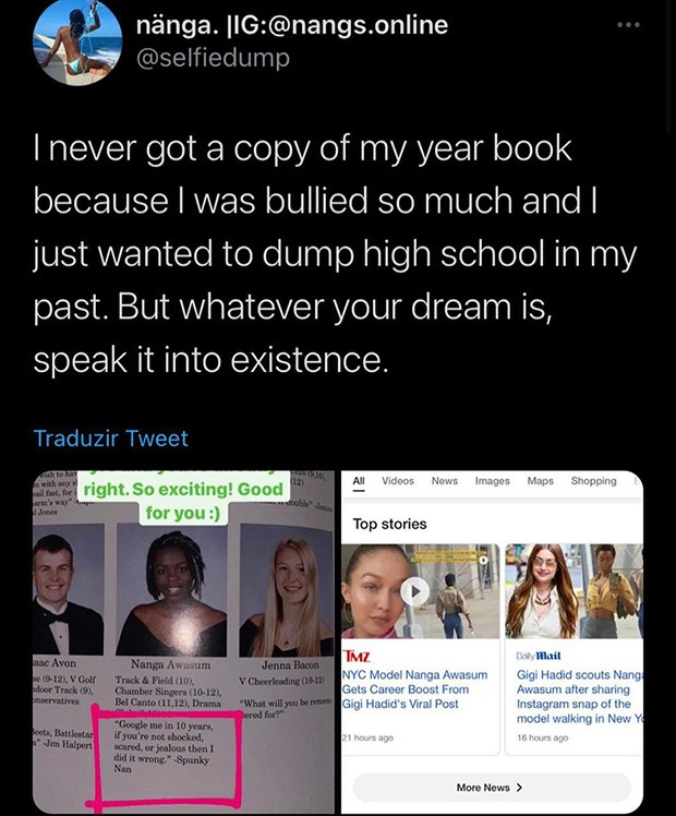 A modelo Nanga Awasum conta que Gigi Hadid mudou sua vida depois que postou uma foto sua que viralizou (Foto: Reprodução/ Twitter)