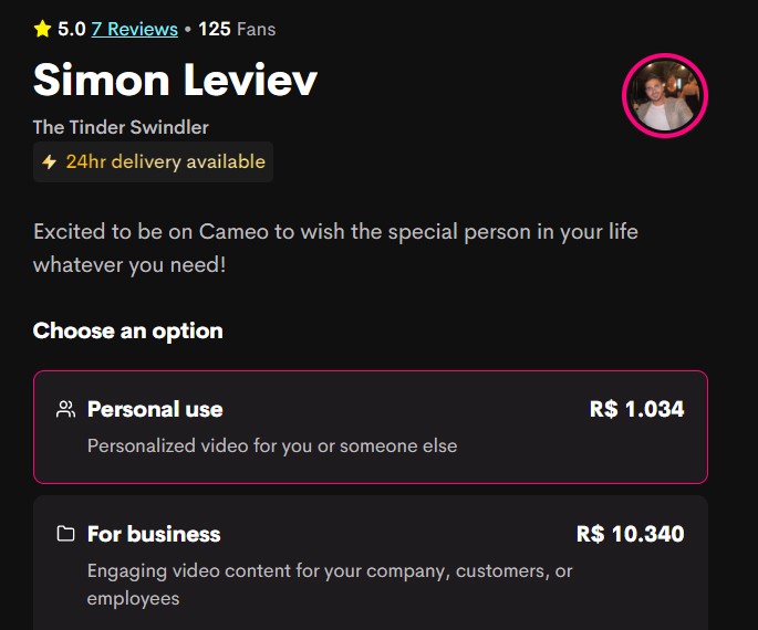 Simon Leviev está investindo na venda de vídeos personalizados (Foto: Reprodução / Cameo)