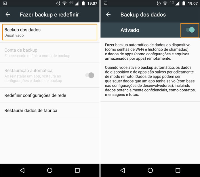 Não esqueça de ativar o backup de dados (Reprodução)