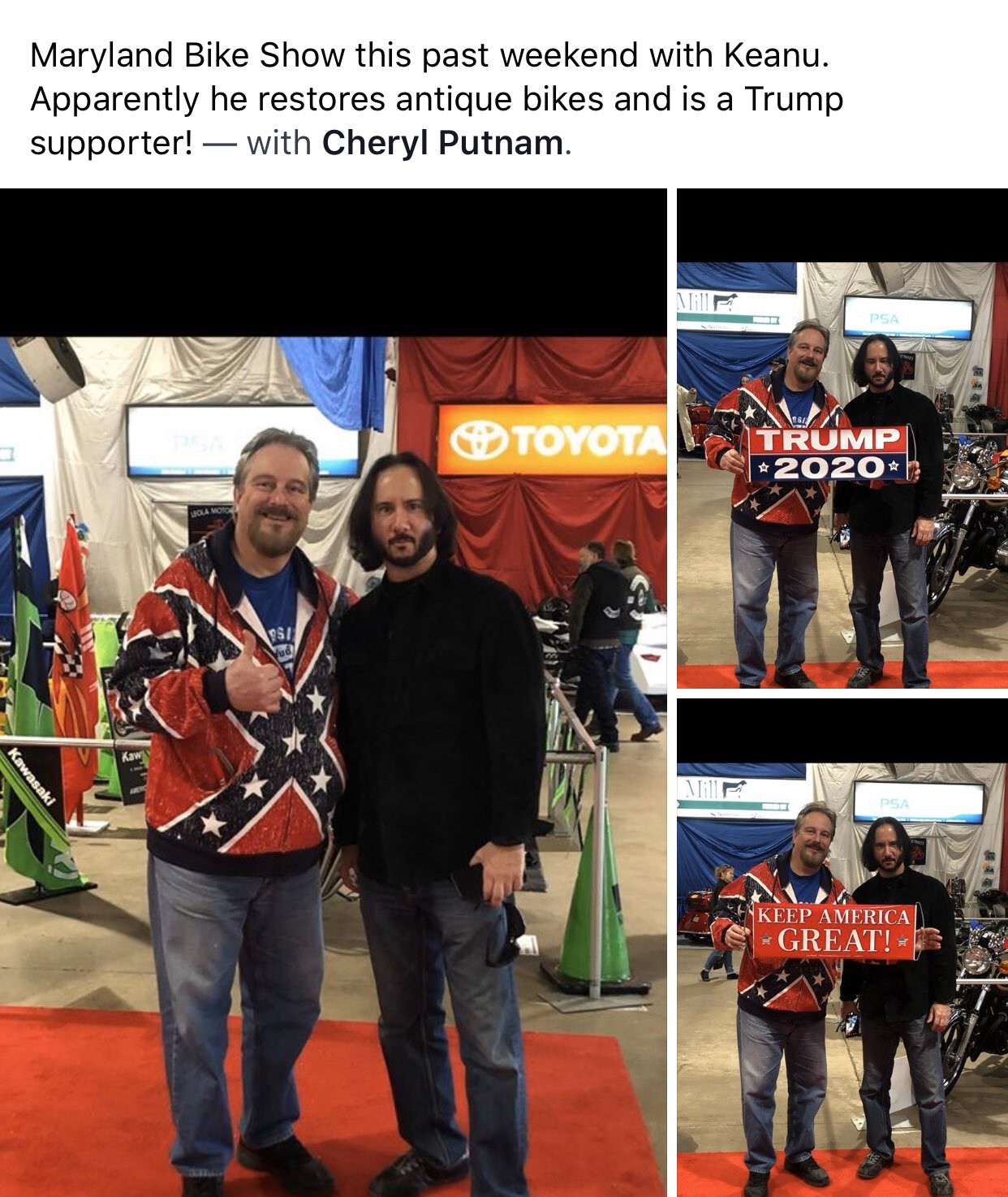 O post feito pelo apoiador de Donald Trump com as fotos do falso Keanu Reeves (Foto: Facebook)