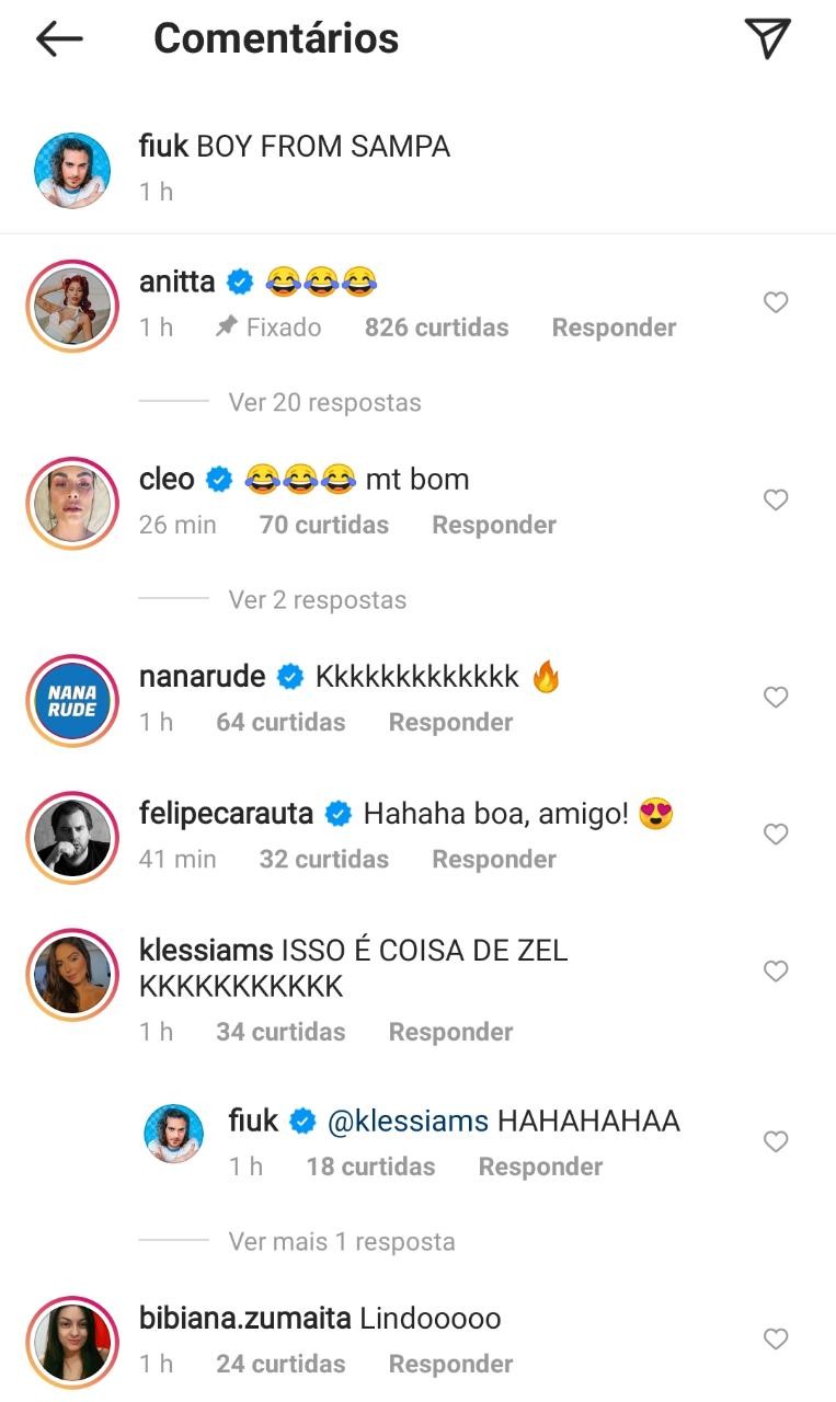 Anitta e Cleo comentam foto de Fiuk (Foto: Reprodução: Instagram)