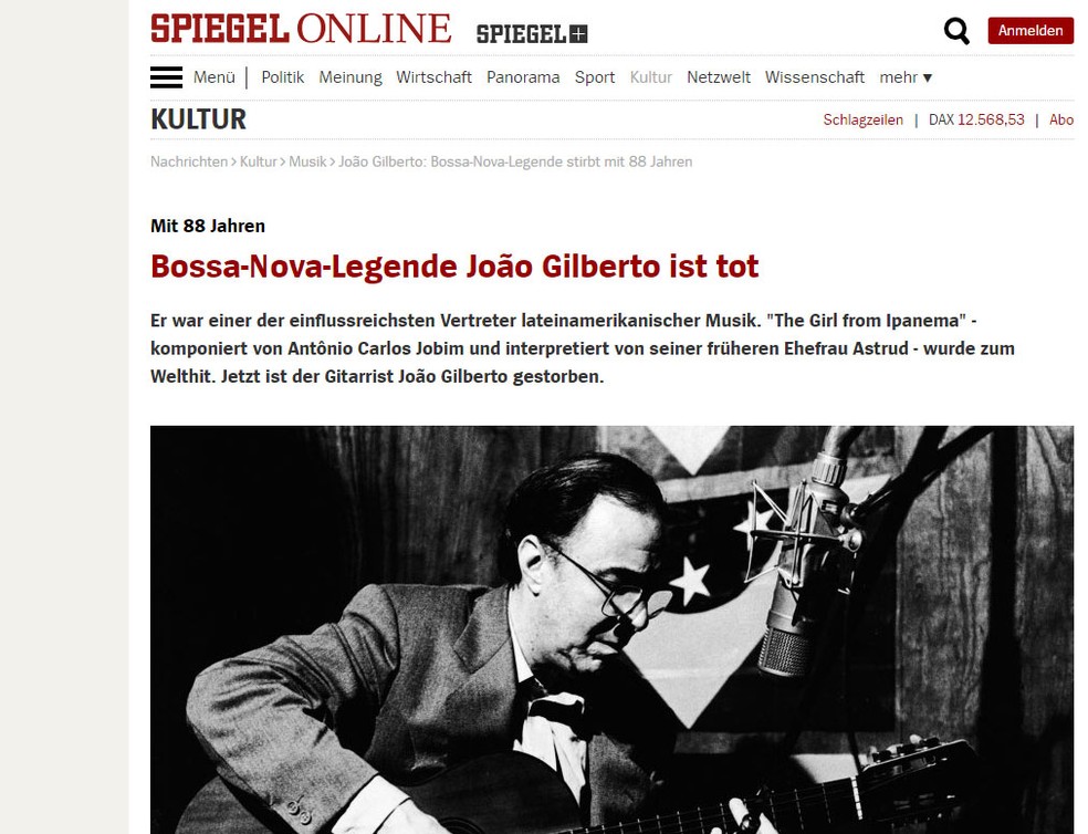 Notícia da morte de João Gilberto na 'Der Spiegel' — Foto: Reprodução/Der Spiegel