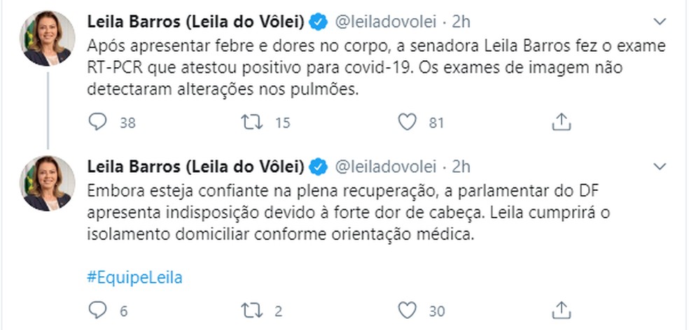 Leila do Vôlei (PSB) confirmou diagnóstico de Covid-19 pelas redes sociais — Foto: Twitter/Reprodução