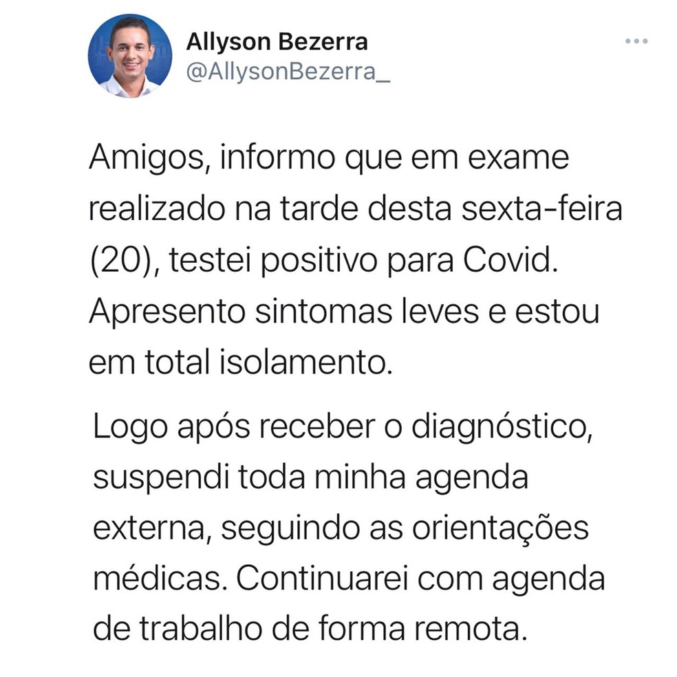 Allyson Bezerra testou positivo para a Covid-19 — Foto: Reprodução