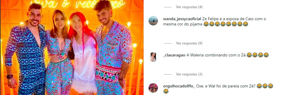 Seguidores comentam coincidênciia entre looks de Waléria Motta e Zé Felipe (Foto: Reprodução/Instagram)
