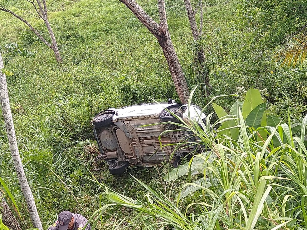 Quatro pessoas e um bebê ficam feridos após carro sair da pista e descer ribanceira na Bahia — Foto: Redes Sociais