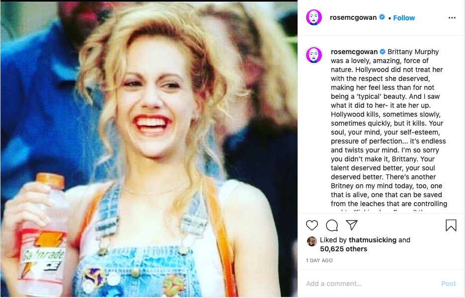 O post da atriz Rose McGowan lembrando da amiga Brittany Murphy e demonstrando sua preocupação por Britney Spears (Foto: Instagram)