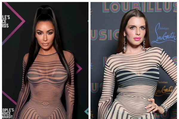 Kim Kardashian no People Choice Awards 2018 e Julia Fox em evento em Paris no fim de 2021 (Foto: Getty Images)