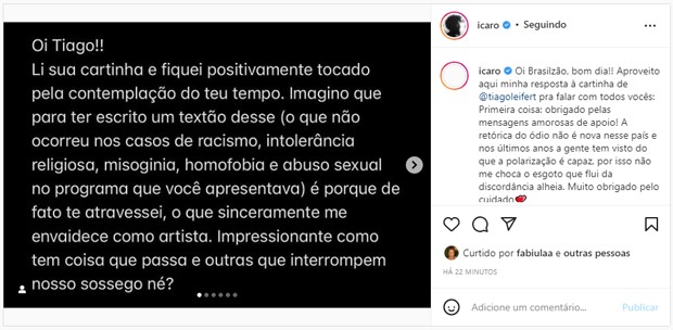 Publicações de Ícaro Silva sobre Tiago Leifert e BBB (Foto: Reprodução/Instagram)