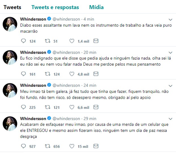 Whindersson Nunes diz na web que irmão sofre assalto e é esfaqueado (Foto: Reprodução/Twitter)