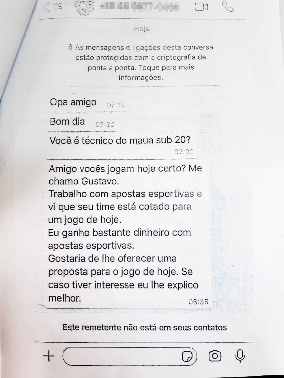 Abordagem por mensagem ao técnico do Sub-20 do Mauá FC — Foto: Reprodução