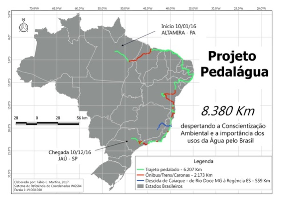 Mapa mostra o trecho de mais de 8 mil km percorrido pelo professor de Bauru  — Foto: Projeto Pedalágua / Reprodução 