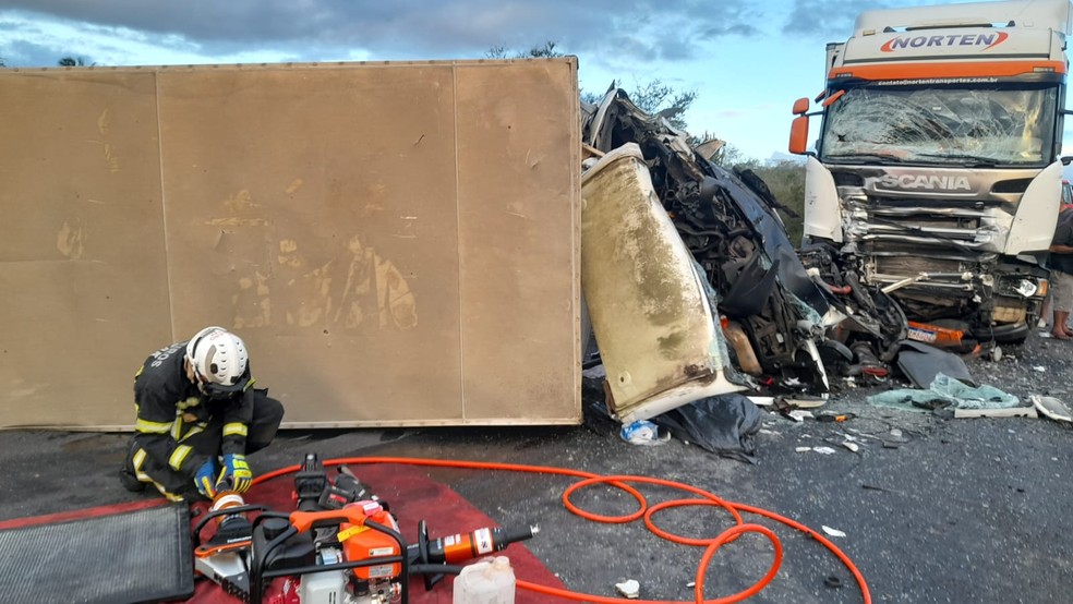 Vítima foi retirada do caminhão por agentes do Corpo de Bombeiros — Foto: Corpo de Bombeiros