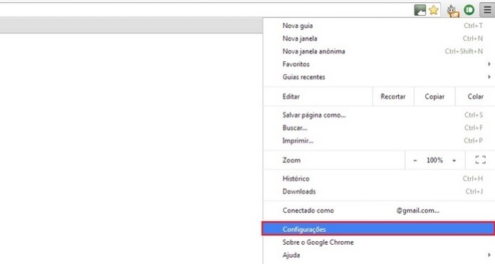 Opção "Configurações" no menu do Chrome em destaque (Foto: Reprodução/Raquel Freire)