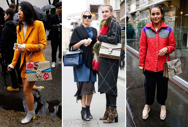 Nossa editora de moda Mari di Pilla (à dir.) e outras fashionistas que circularam com a bolsa durante as semanas de moda internacionais (Foto: Imaxtree)