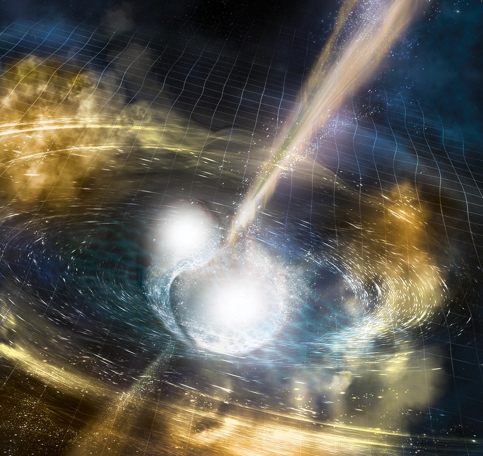 Ilustração mostra duas estrelas de nêutrons colidindo (Foto:  NSF/LIGO/Sonoma State University/A. Simonnet)