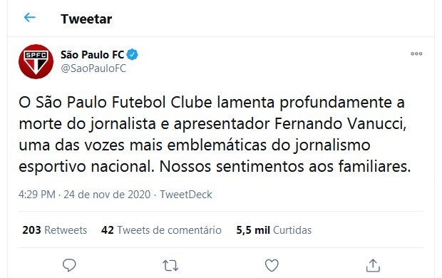 São Paulo lamenta morte de Fernando Vannucci (Foto: Reprodução/Twitter)
