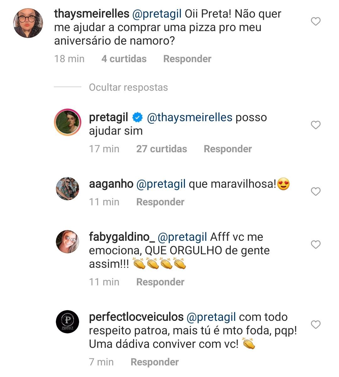 Preta também disse que ajudaria seguidor a comprar uma pizza (Foto: Reprodução/Instagram)