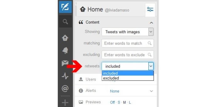 Configurando se deseja ou não visualizar retuítes na coluna no TweetDeck (Foto: Reprodução/Lívia Dâmaso)