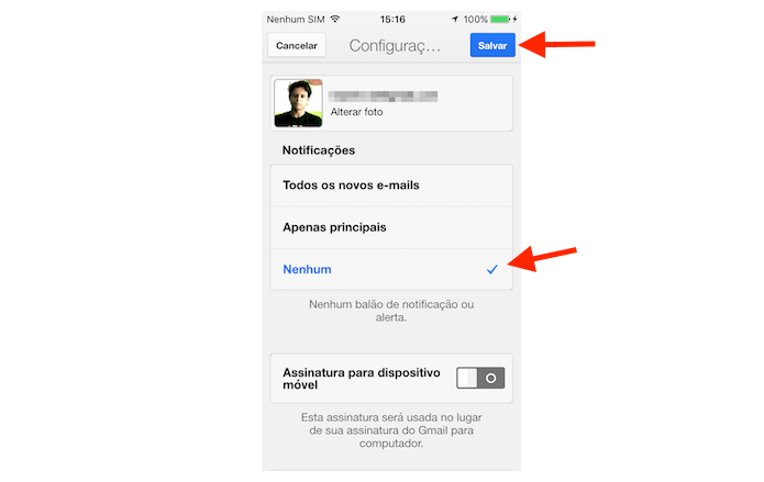 Desativando as notificações de novas mensagens no Gmail para iPhone (Foto: Reprodução/Marvin Costa)
