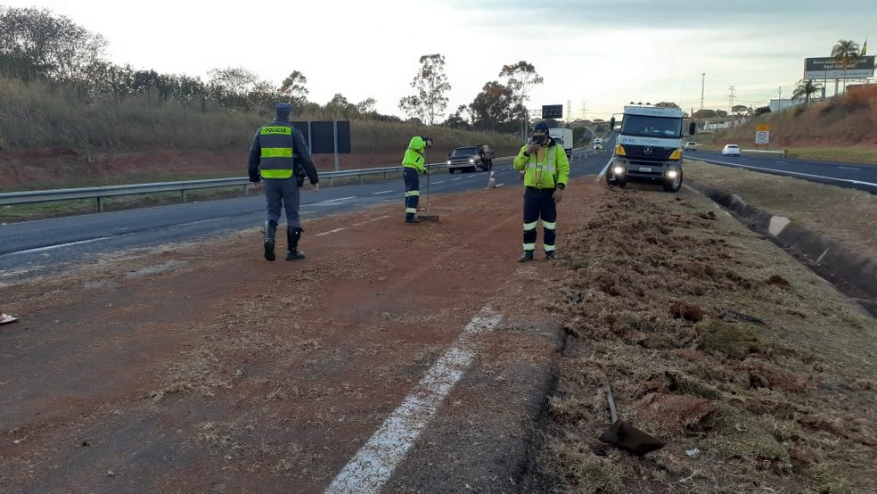 Carro que vinha atrás de caminhão com carga de placas de grama perdeu o controle do carro ao desviar e bateu na traseira do caminhão em rodovia de Bauru (SP) — Foto: Marco Previdello/ TV TEM