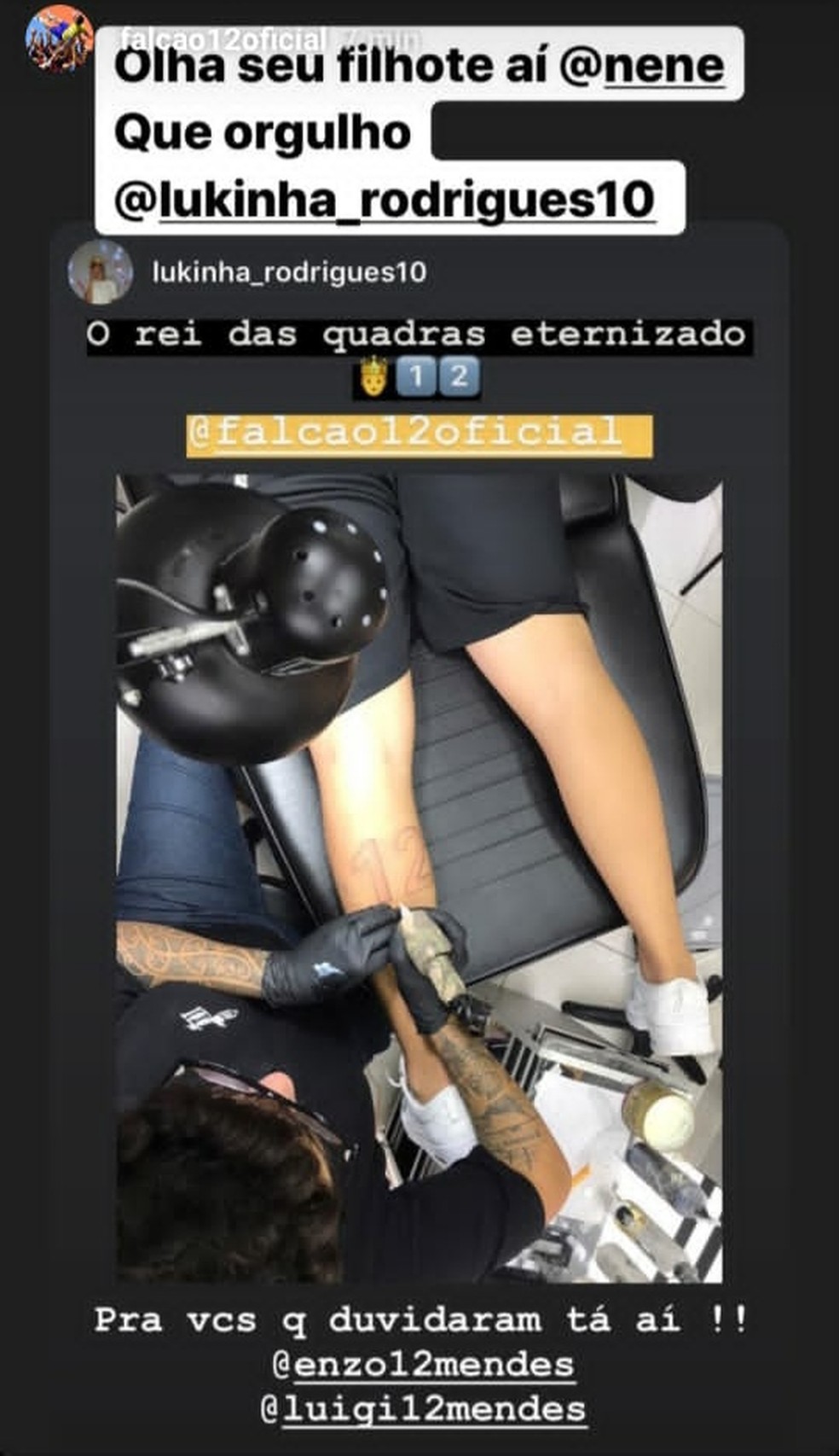 Filho de Nenê, do Fluminense, faz tatuagem para homenagear Falcão, do futsal — Foto: Reprodução/Instagram 