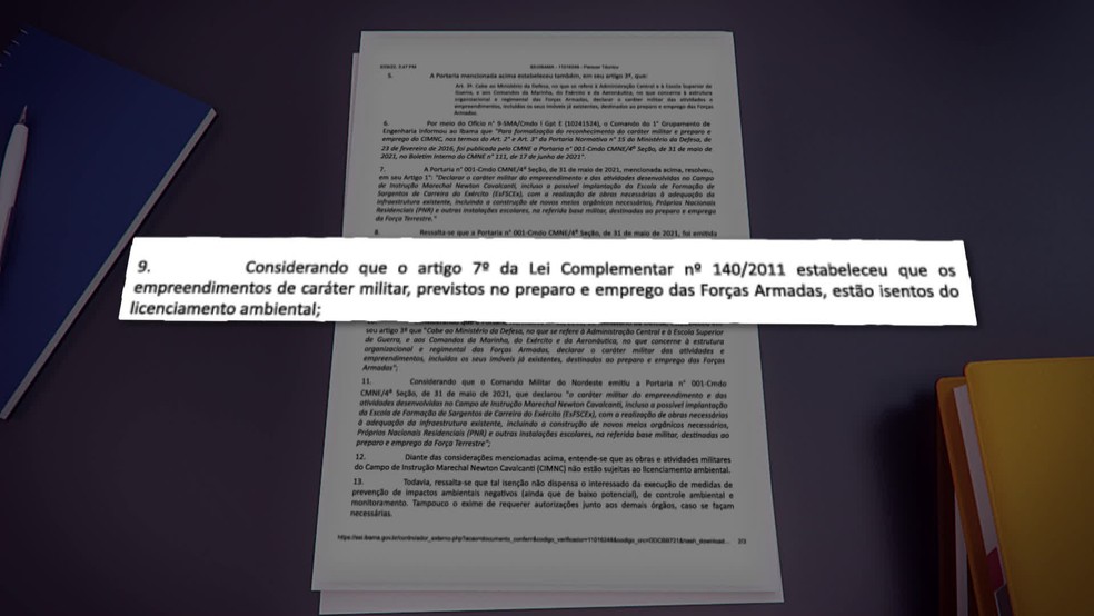 Em um documento, o Exército pede a dispensa de licenças ambientais ao Ibama — Foto: Reprodução/TV Globo