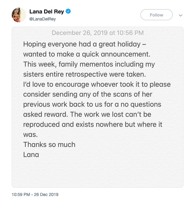 O post de Lana Del Rey relatando o roubo de seus pertences e oferecendo uma recompensa no caso de devolução (Foto: Twitter)