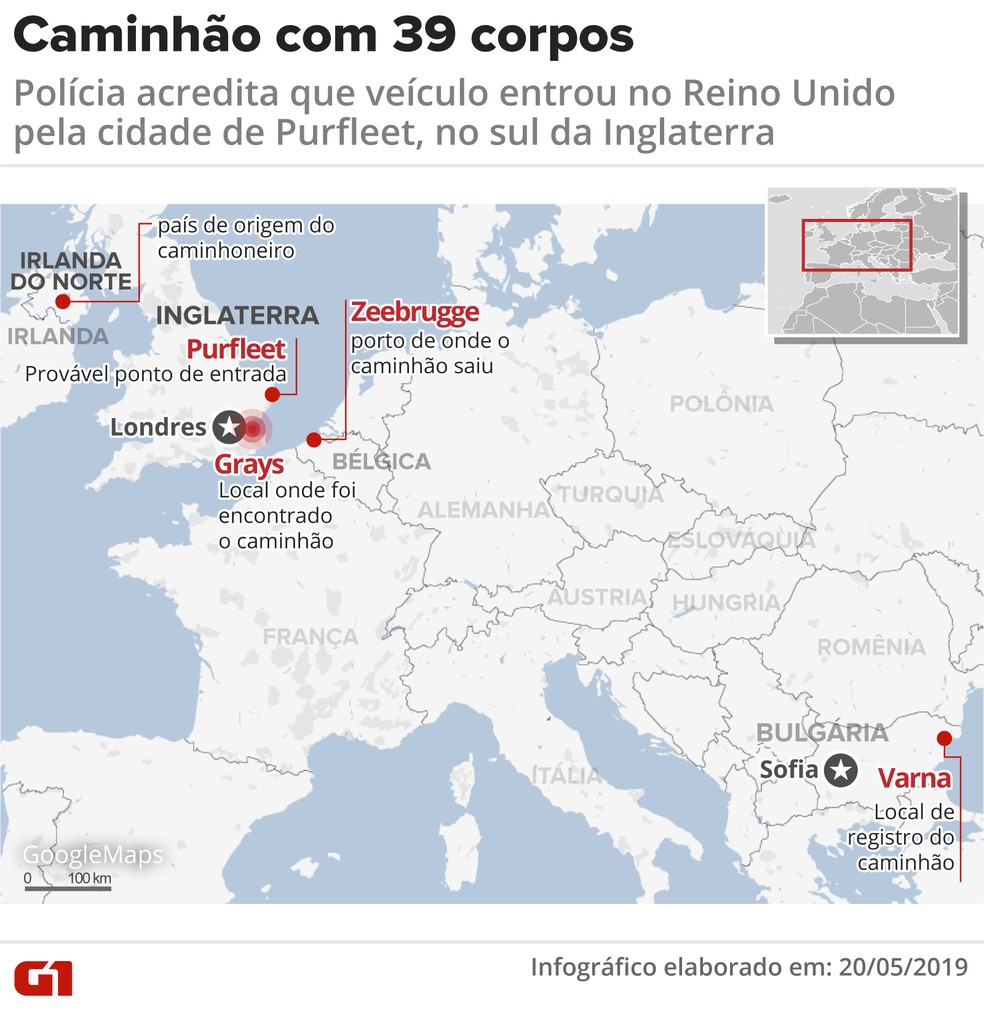 Mapa de caminhão localizado com 39 corpos na Inglaterra — Foto: Wagner Magalhães/G1