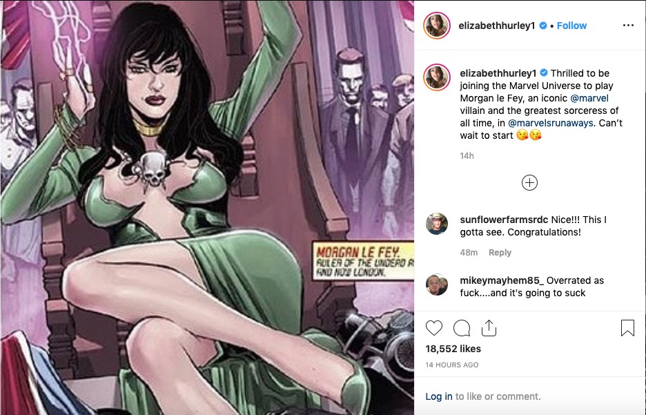 O post de Elizabeth Hurley celebrando sua contratação para dar vida à vilã da série Runaways  (Foto: Instagram)