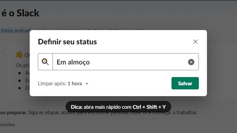 Slack permite personalizar status para deixar a disponibilidade dos usuários visível a todos da equipe — Foto: Reprodução/Raquel Freire