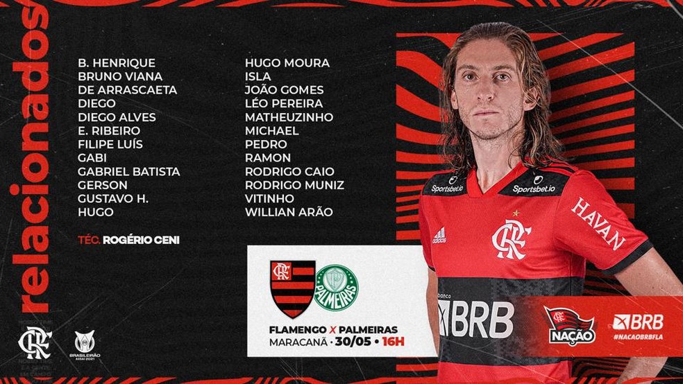 A lista do Flamengo para a estreia no Brasileiro — Foto: Reprodução