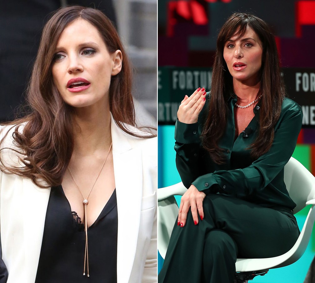 À esquerda: Jessica Chastain caracterizada como Molly Bloom em 'A grande jogada'; à direita: a própria Molly Bloom (Foto: Divulgação e Joe Scarnici/Getty Images/AFP)