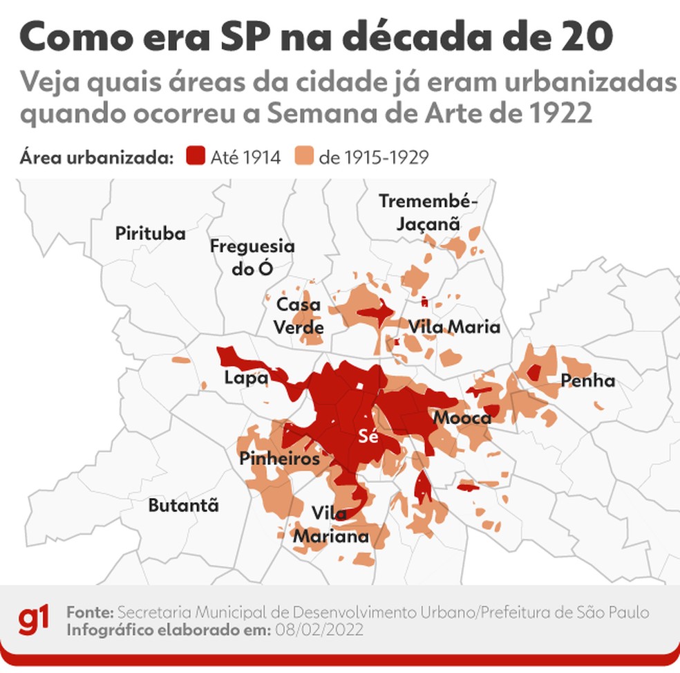 Mapa da urbanização da cidade de São Paulo de 1914 a 1929 — Foto: Kayan Albertin/g1