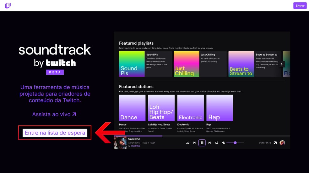 Clique em "Entre na lista de espera" para ingressar no Soundtrack by Twitch — Foto: Reprodução/Leandro Eduardo