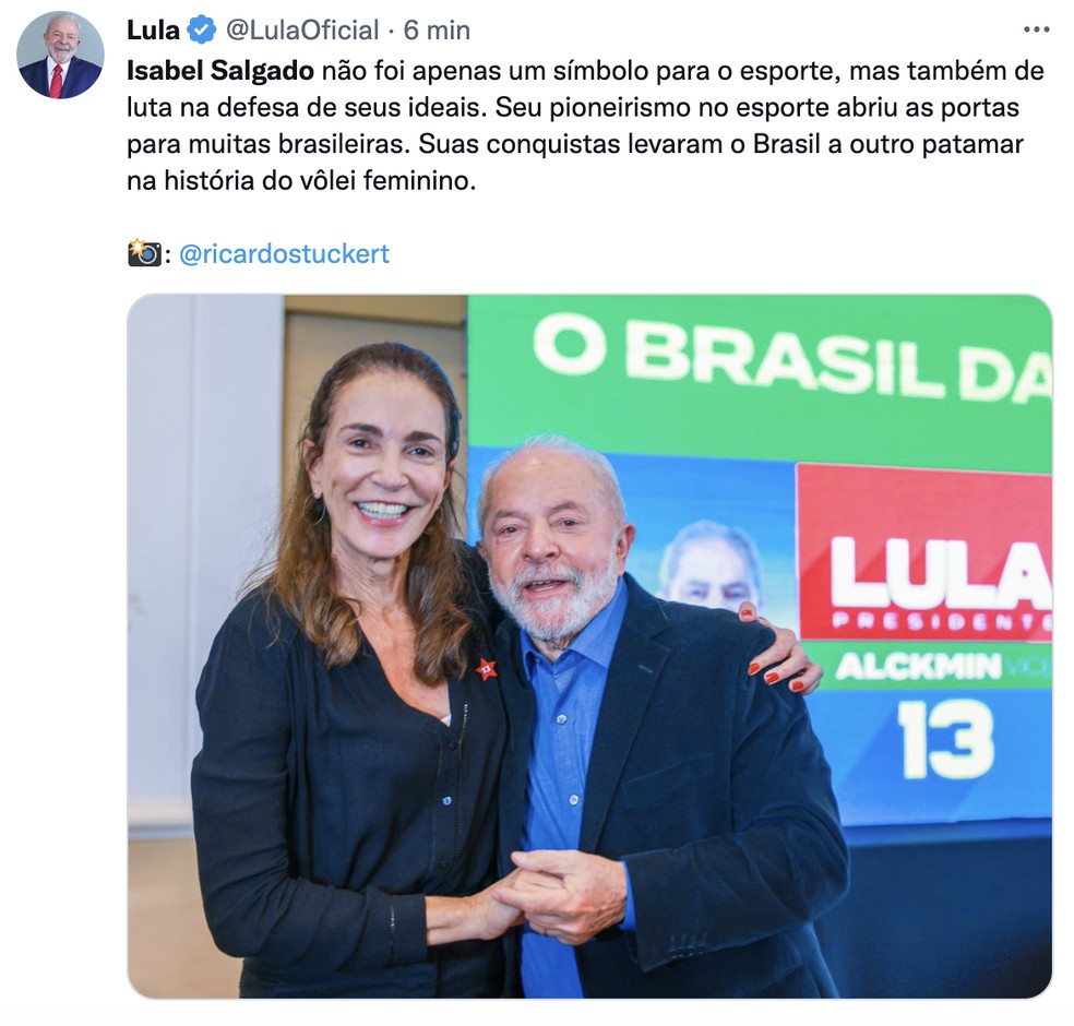 Lula presta homenagem para Isabel Salgado na web — Foto: Reprodução / Twitter