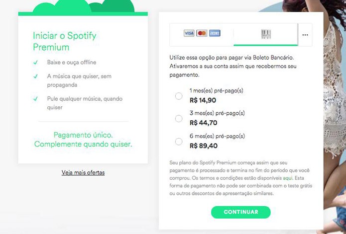 Usuários já podem adquirir o Premium do Spotify com pagamento pré-pago via boleto (Foto: Reprodução/Spotify)