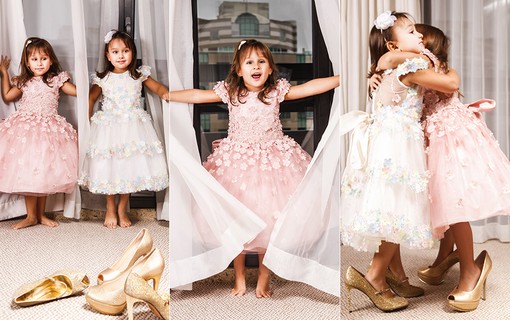 Maya e Kiara, filhas de Natália Guimarães, adoram brincar com os sapatos da mãe
