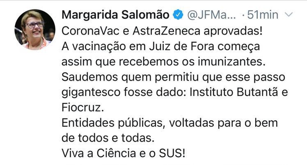 Margarida Salomão comemora aprovação das vacinas contra a Covid-19 em rede social — Foto: Rede social/Reprodução