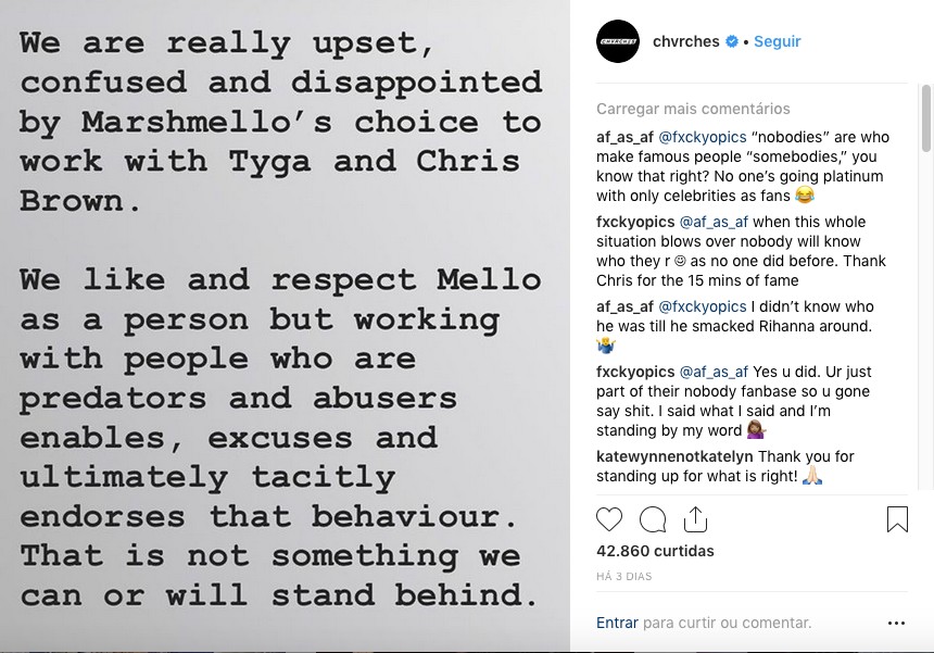 A crítica pública feita pelos membros da banda escocesa Chvrches à parceria de um ex-produtor com o rapper Chris Brown (Foto: Instagram)