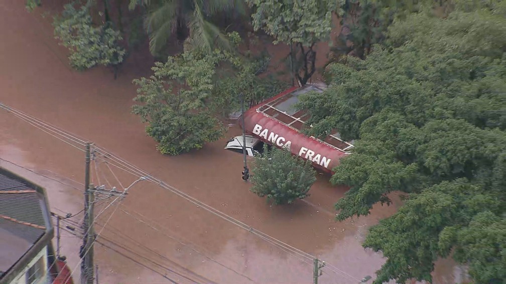 Banca de jornal é coberta por enchente na Zona Leste de SP — Foto: Reprodução/TV Globo