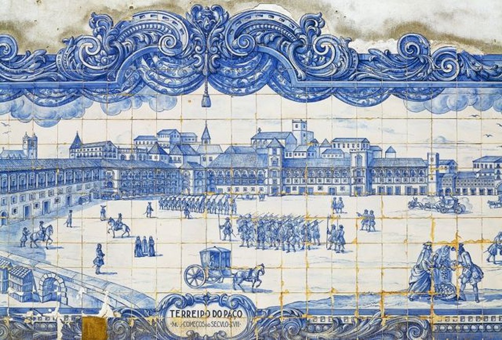 Praça do Comércio antes do terremoto de 1755, representada em azulejos na embaixada da Itália, século 18 — Foto: GETTY IMAGES