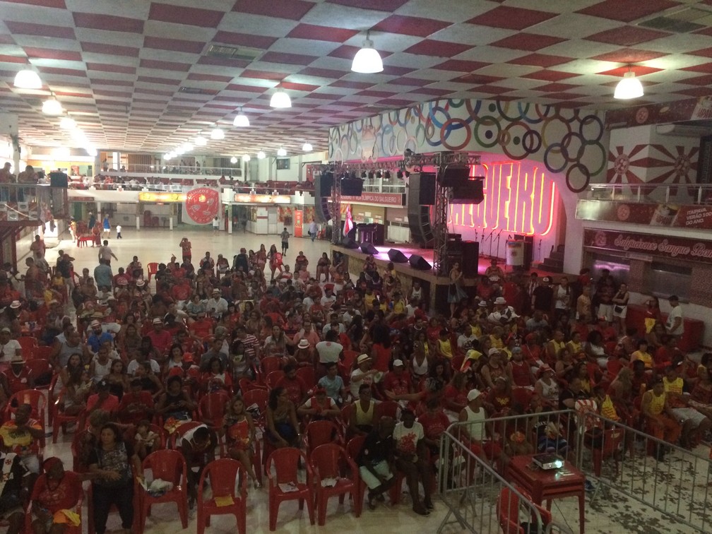 Na quadra do Salgueiro, comunidade vaiou primeiro jurado ao receber nota 9.9 para o enredo (Foto: Patricia Teixeira/G1)